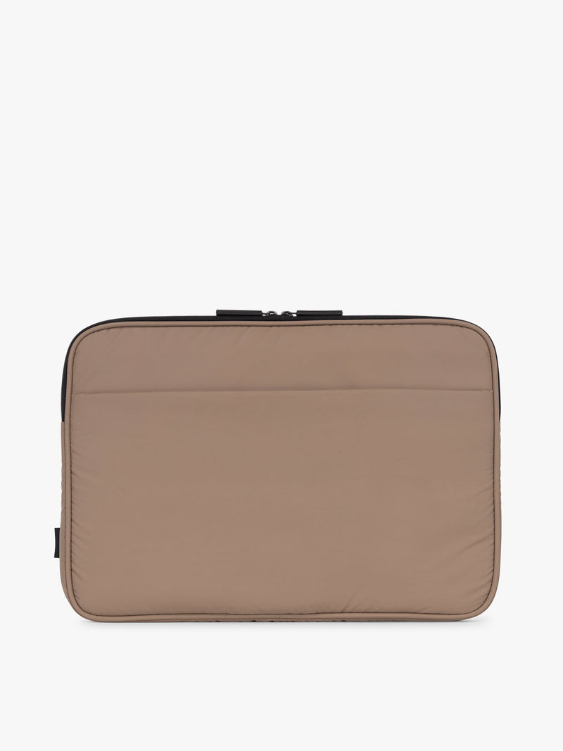 CALPAK Luka Padded Laptop Sleeve in brown Chocolate with puffy exterior back view