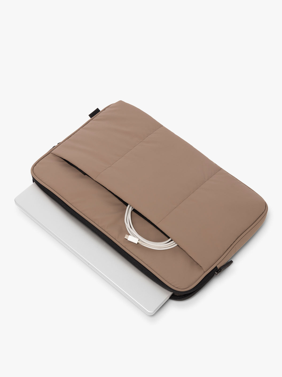 CALPAK Luka Padded Laptop Sleeve in brown Chocolate with puffy exterior with laptop and charger; ALD2501-CHOCOLATE