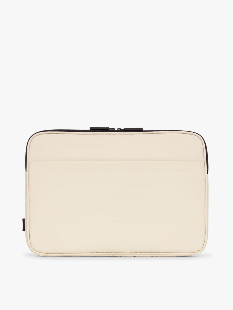 CALPAK Luka 17-in Padded Laptop Sleeve in creamy white Oatmeal with puffy exterior back view back view