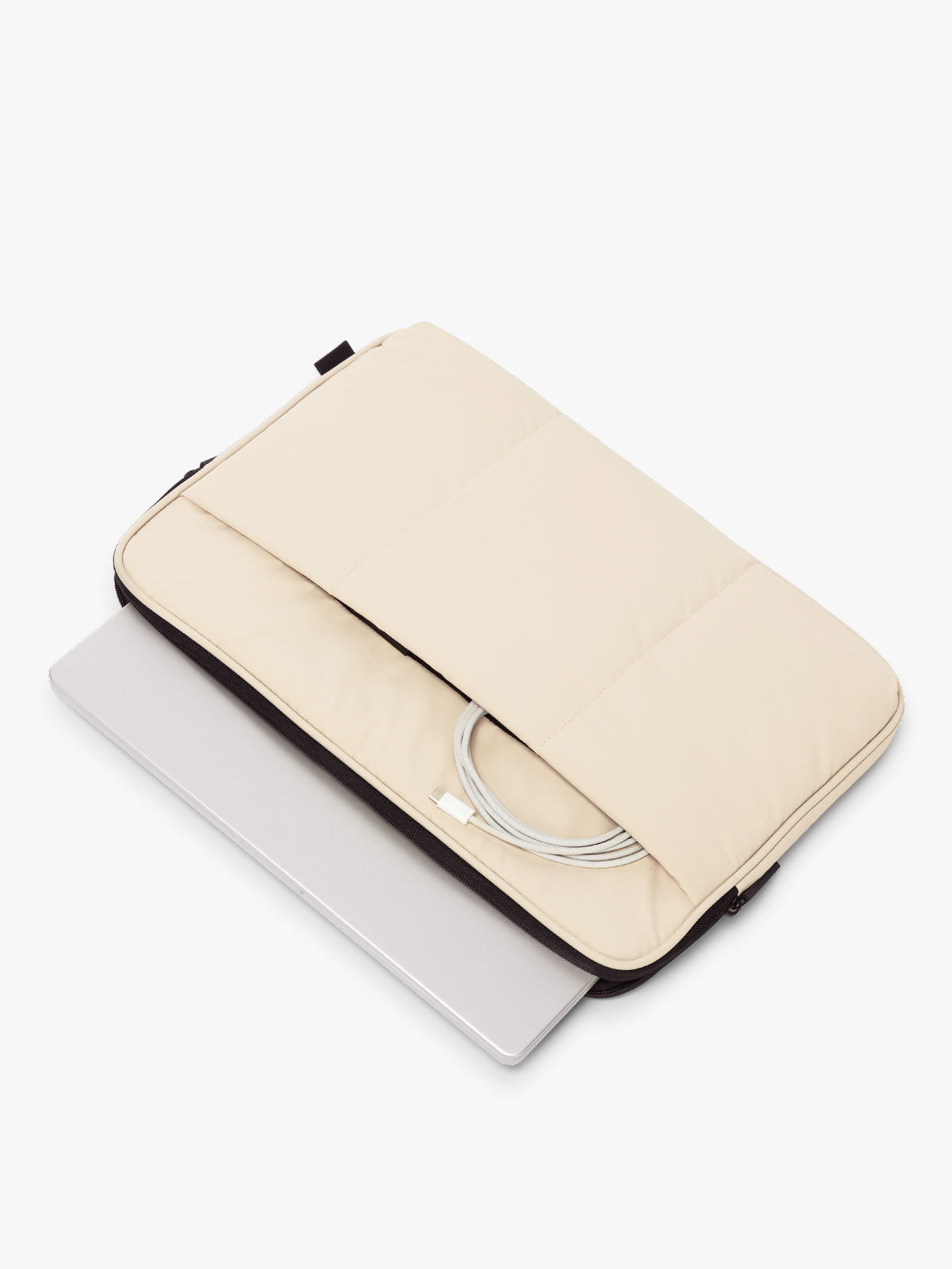 CALPAK Luka 17-in Padded Laptop Sleeve in creamy white Oatmeal with puffy exterior with laptop and charger; ALD2501-OATMEAL