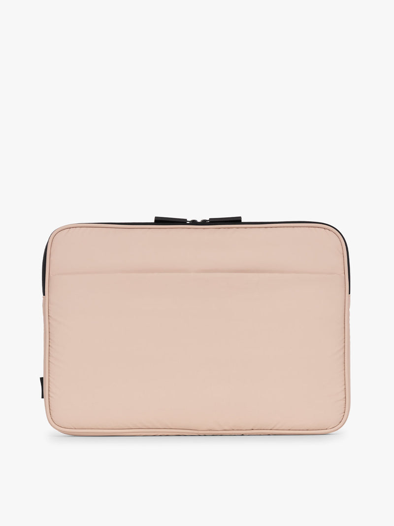 CALPAK Luka 17-in Padded Laptop Sleeve in light pink Rose Quartz with puffy exterior back view