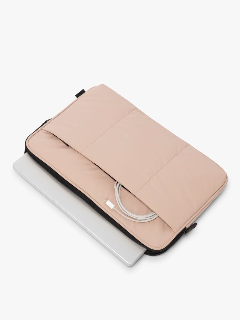 CALPAK Luka 17-in Padded Laptop Sleeve in light pink Rose Quartz with puffy exterior