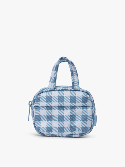 CALPAK Luka Duffel Zip Bag Charm in white and blue gingham print in French Blue Gingham; ALK2501-FRENCH-BLUE-GINGHAM view 1
