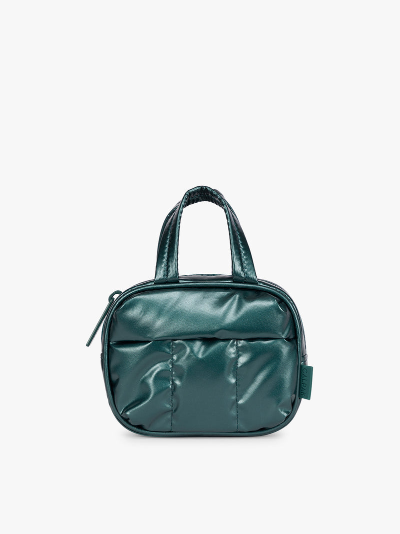 CALPAK Luka Duffel Zip Bag Charm in dark green shiny Glazed Kale