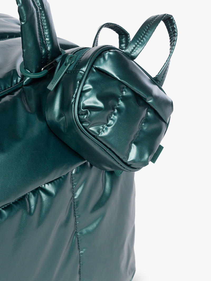CALPAK Luka Duffel Zip Bag Charm in dark green shiny Glazed Kale clipped on bag