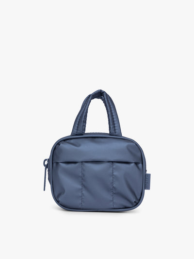 CALPAK Luka Duffel Zip Bag Charm in dark blue metallic material in Metallic Indigo; ALK2501-METALLIC-INDIGO view 1
