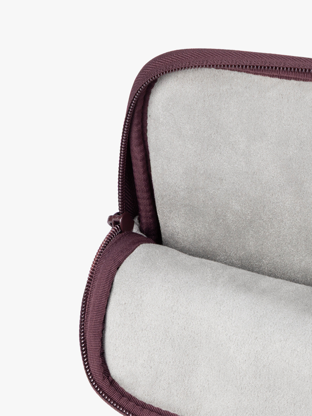 Opened interior of a deep burgundy Dark Cherry vegan leather CALPAK Luka 14in Laptop Sleeve with a zippered top and a front pocket, shown against a plain white background; ALL2401-DARK-CHERRY-PU