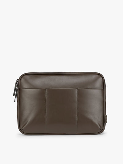 Dark brown Mushroom vegan leather CALPAK Luka 14in Laptop Sleeve with a zippered top and a front pocket, shown against a plain white background; ALL2401-MUSHROOM-PU view 1