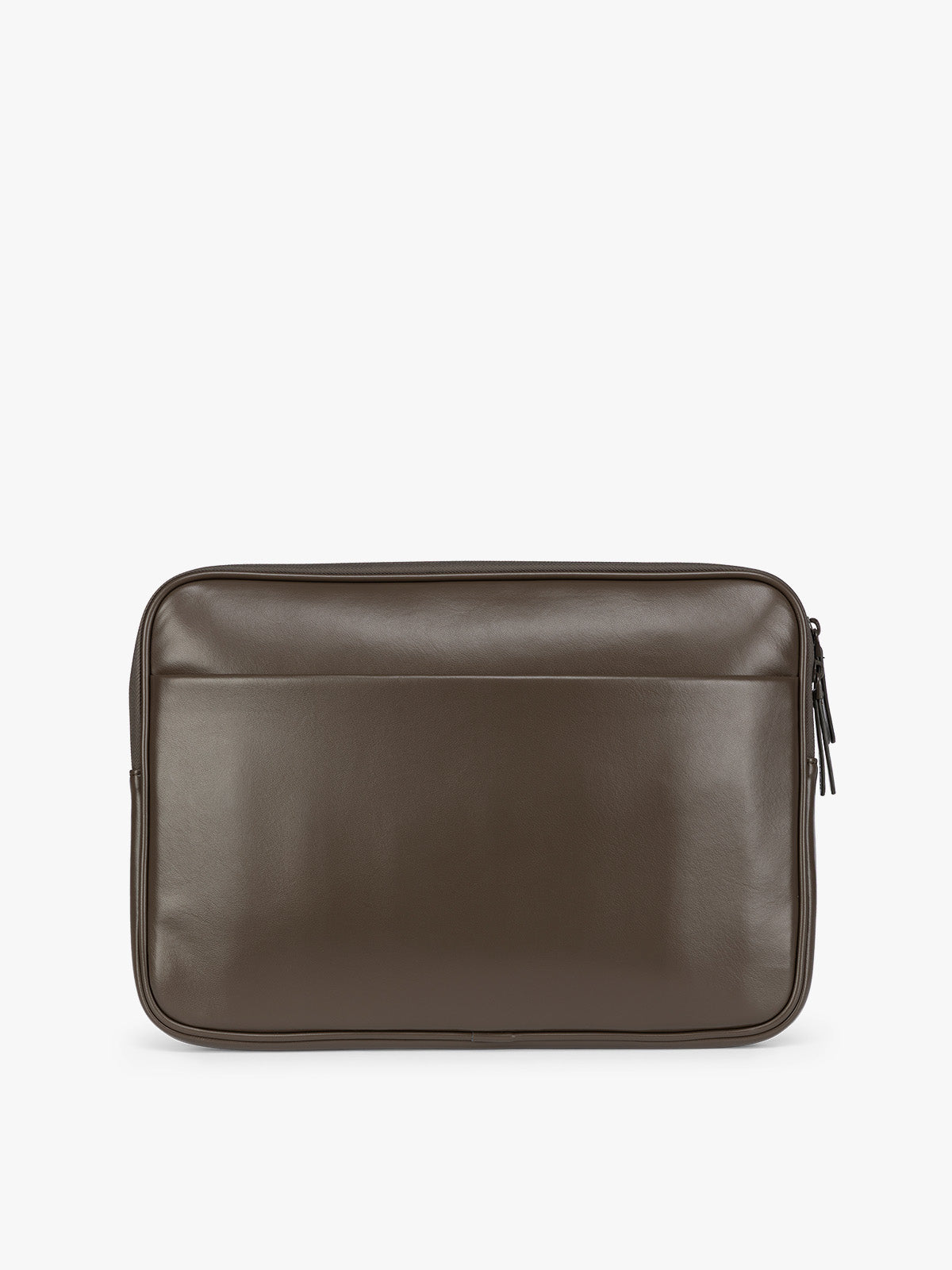 Back of a Dark brown Mushroom vegan leather CALPAK Luka 14in Laptop Sleeve with a zippered top and a front pocket, shown against a plain white background; ALL2401-MUSHROOM-PU