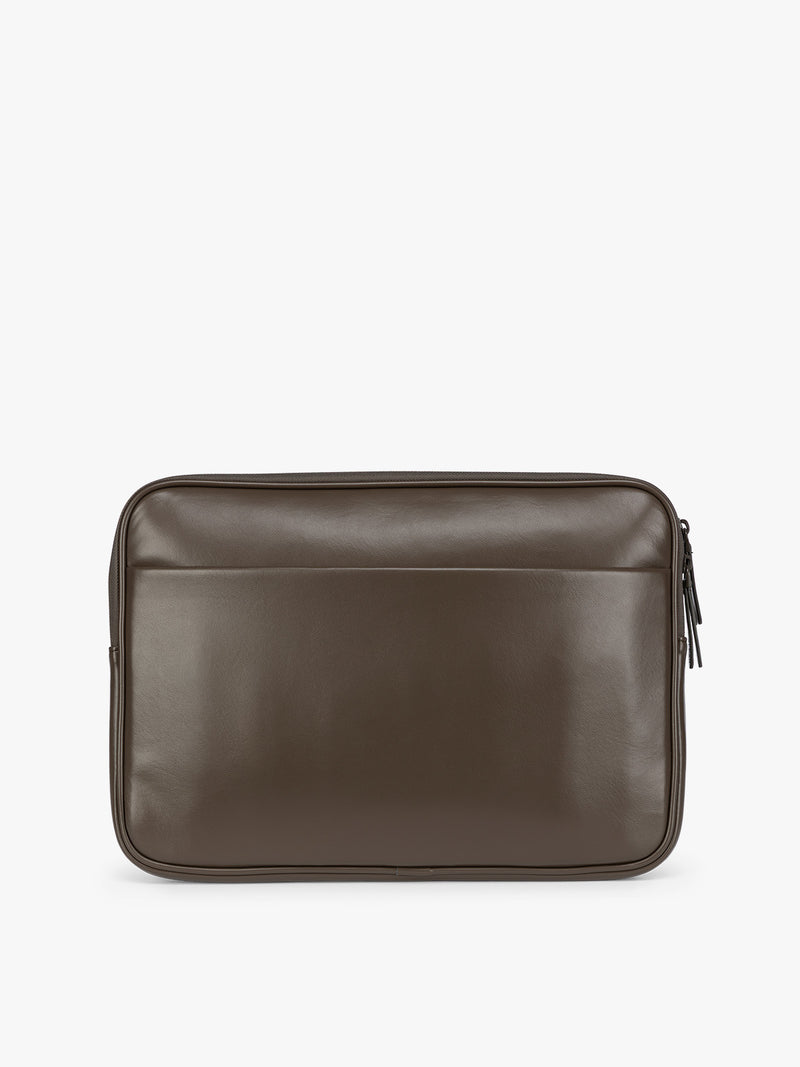 Back of a Dark brown Mushroom vegan leather CALPAK Luka 14in Laptop Sleeve with a zippered top and a front pocket, shown against a plain white background