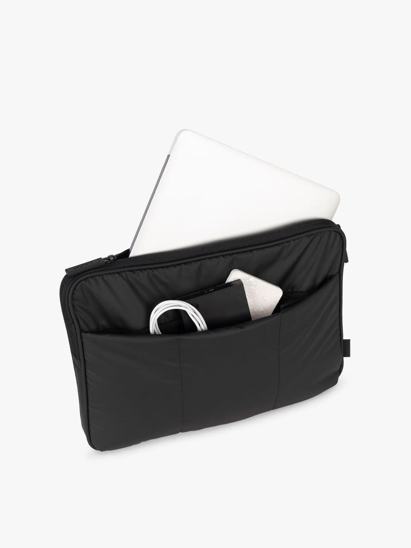 CALPAK Luka 14" Padded Laptop Sleeve with multiple exterior pockets for cords and electronics and main pocket for 14" laptop in black