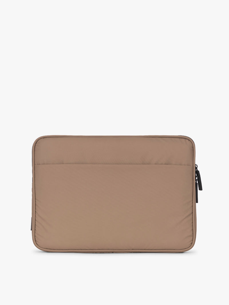 Back view of CALPAK Luka 14" Padded Laptop Sleeve with multiple exterior pockets in brown