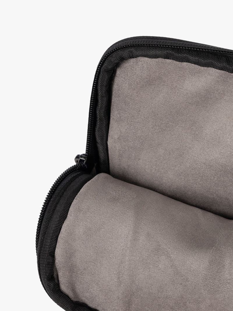Chocolate brown CALPAK Luka 14 inch Padded Laptop Sleeve with scratch resistant faux suede lining
