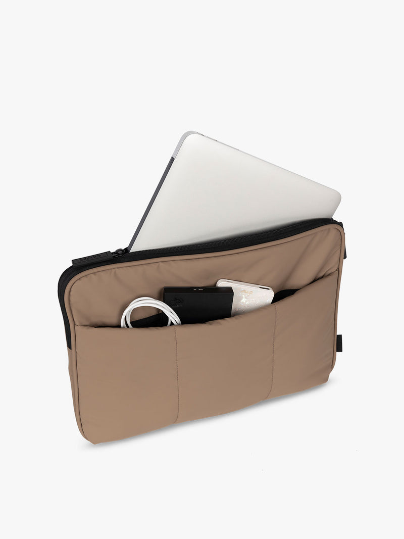 CALPAK Luka 14" Padded Laptop Sleeve with multiple exterior pockets for cords and electronics and main pocket for 14" laptop in brown chocolate