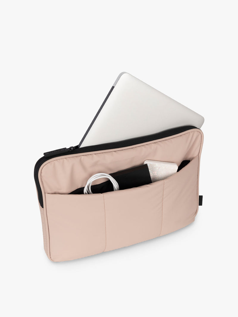 CALPAK Luka 14" Padded Laptop Sleeve with multiple exterior pockets for cords and electronics and main pocket for 14" laptop in pink rose quartz