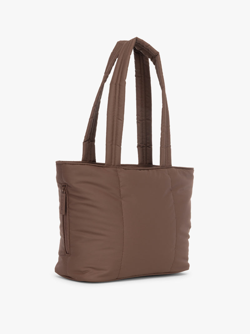 CALPAK Luka Mini Tote in brown monochrome Walnut side view with side zippered pocket