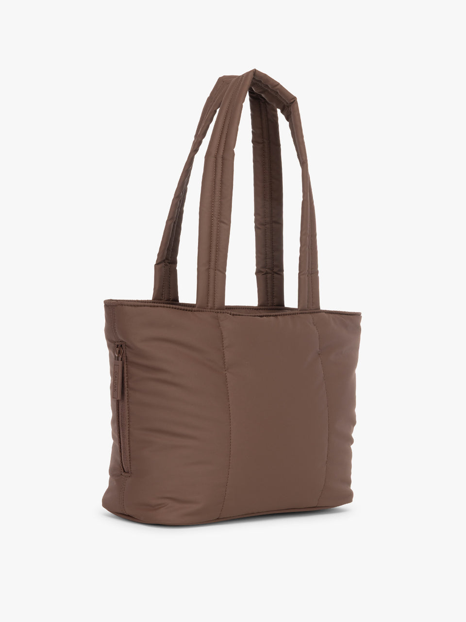 CALPAK Luka Mini Tote in brown monochrome Walnut side view with side zippered pocket; ALM2401-WALNUT