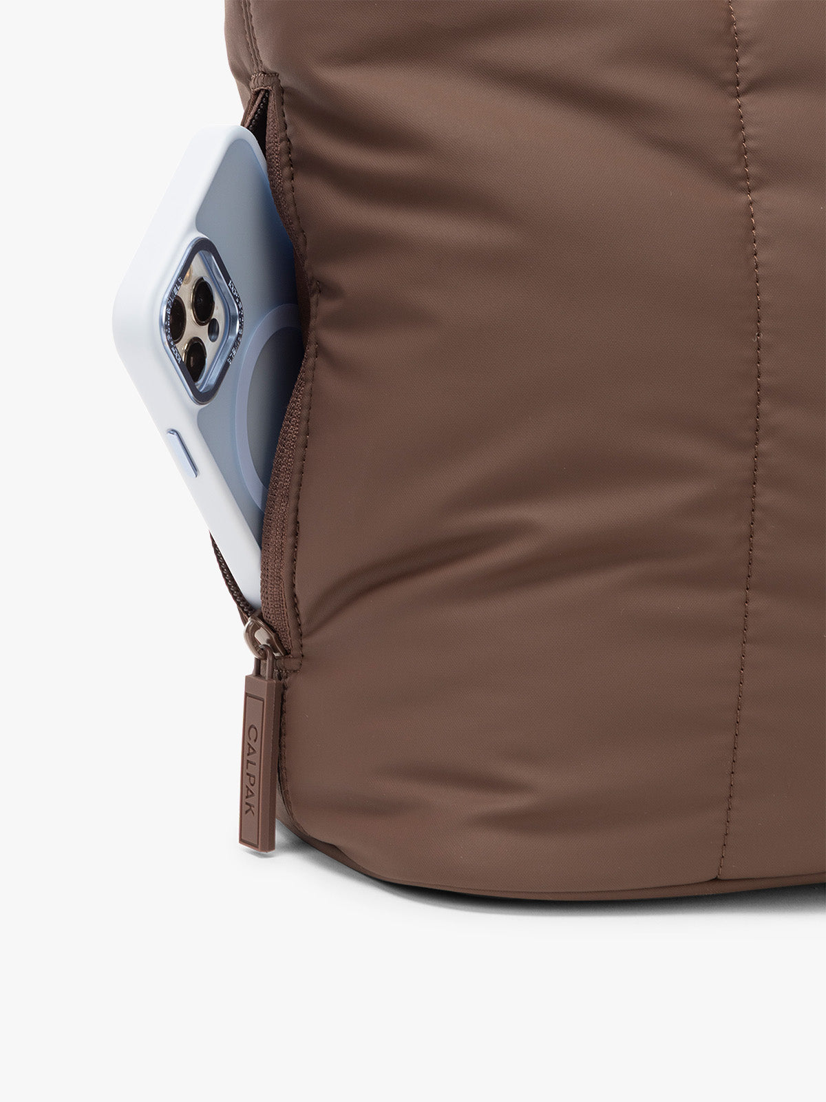 CALPAK Luka Mini Tote in brown monochrome Walnut side pocket for phone; ALM2401-WALNUT