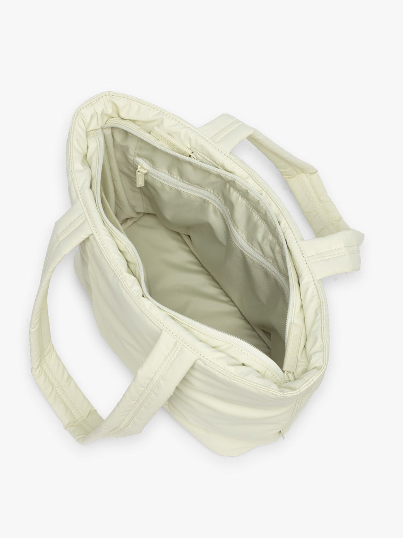 Opened CALPAK Luka Mini Tote in light green Celadon