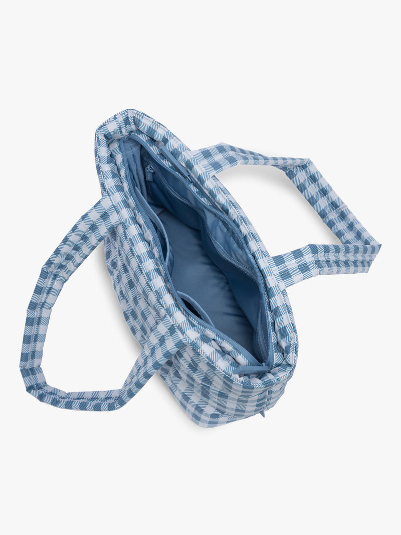 Opened view of CALPAK Luka Mini Tote in white and blue gingham pattern in French Blue Gingham