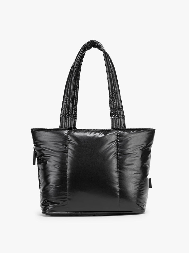 CALPAK Luka Mini Tote in shiny Glazed Black on a white background