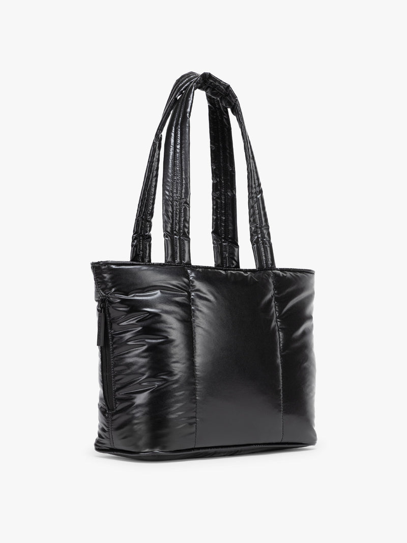 Side view of CALPAK Luka Mini Tote in shiny Glazed Black on a white background