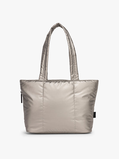 CALPAK Luka Mini Tote in metallic Gumetal grey a white background; ALM2401-GUNMETAL view 1