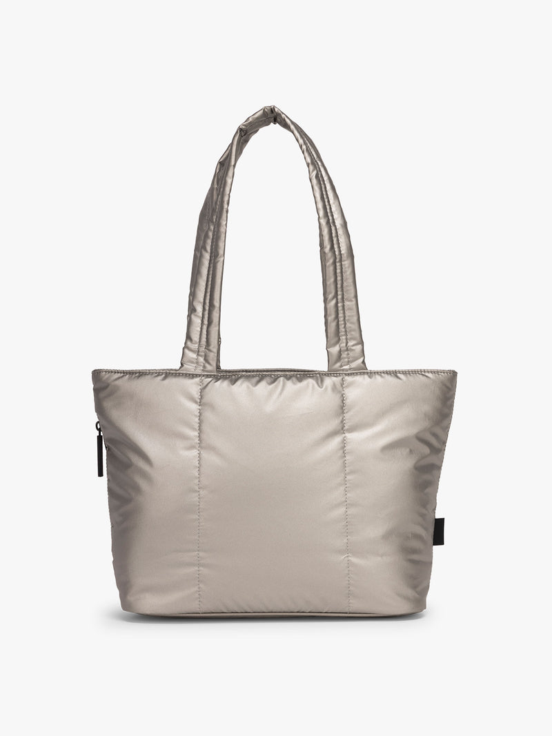 CALPAK Luka Mini Tote in metallic Gumetal grey a white background