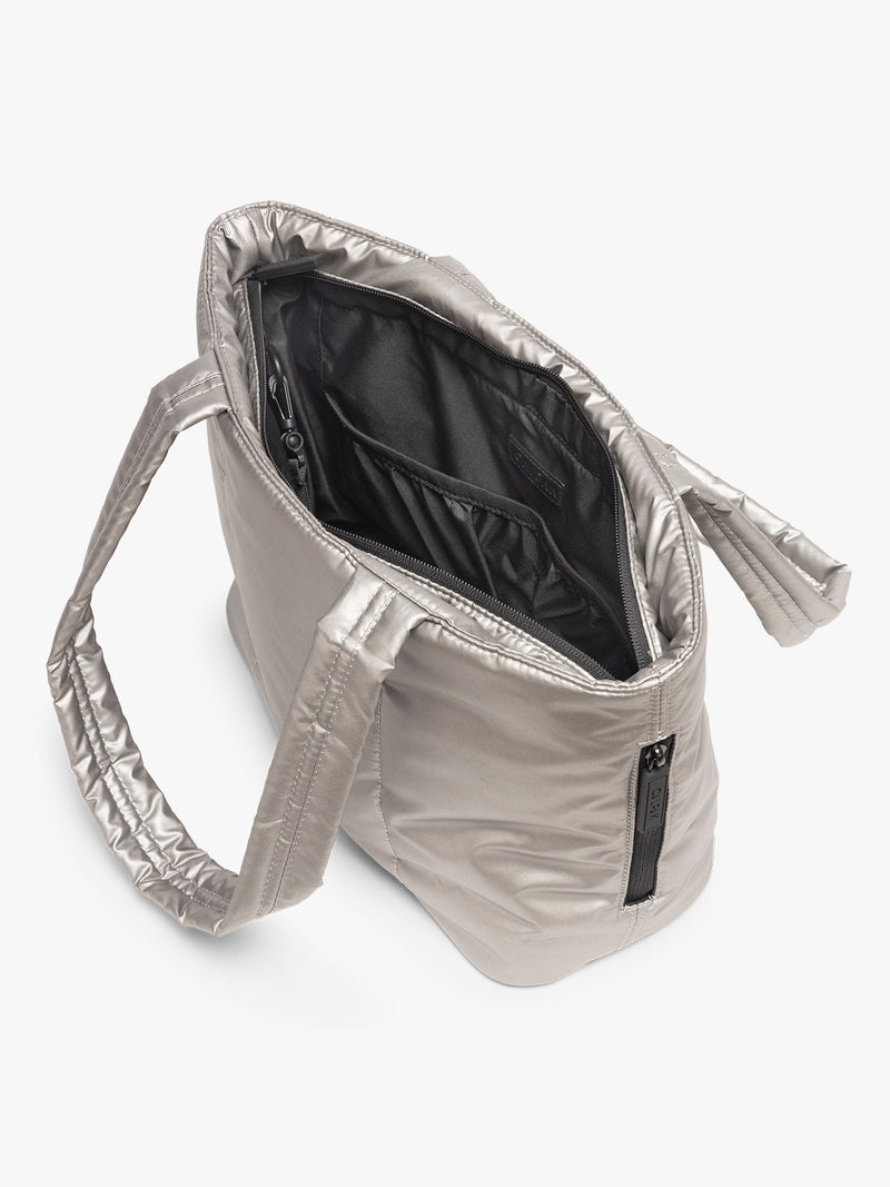 Opened view of CALPAK Luka Mini Tote in metallic Gumetal grey a white background