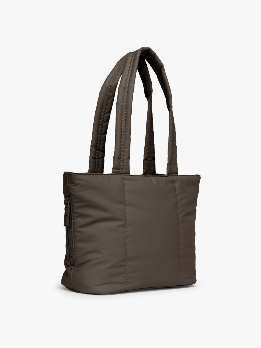 Side view of CALPAK Luka Mini Tote in brown Mushroom; ALM2401-MUSHROOM