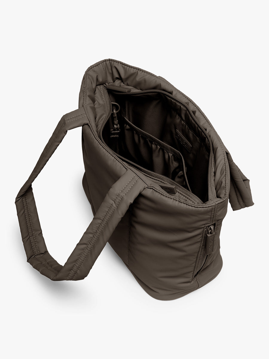 Opened CALPAK Luka Mini Tote in brown Mushroom; ALM2401-MUSHROOM