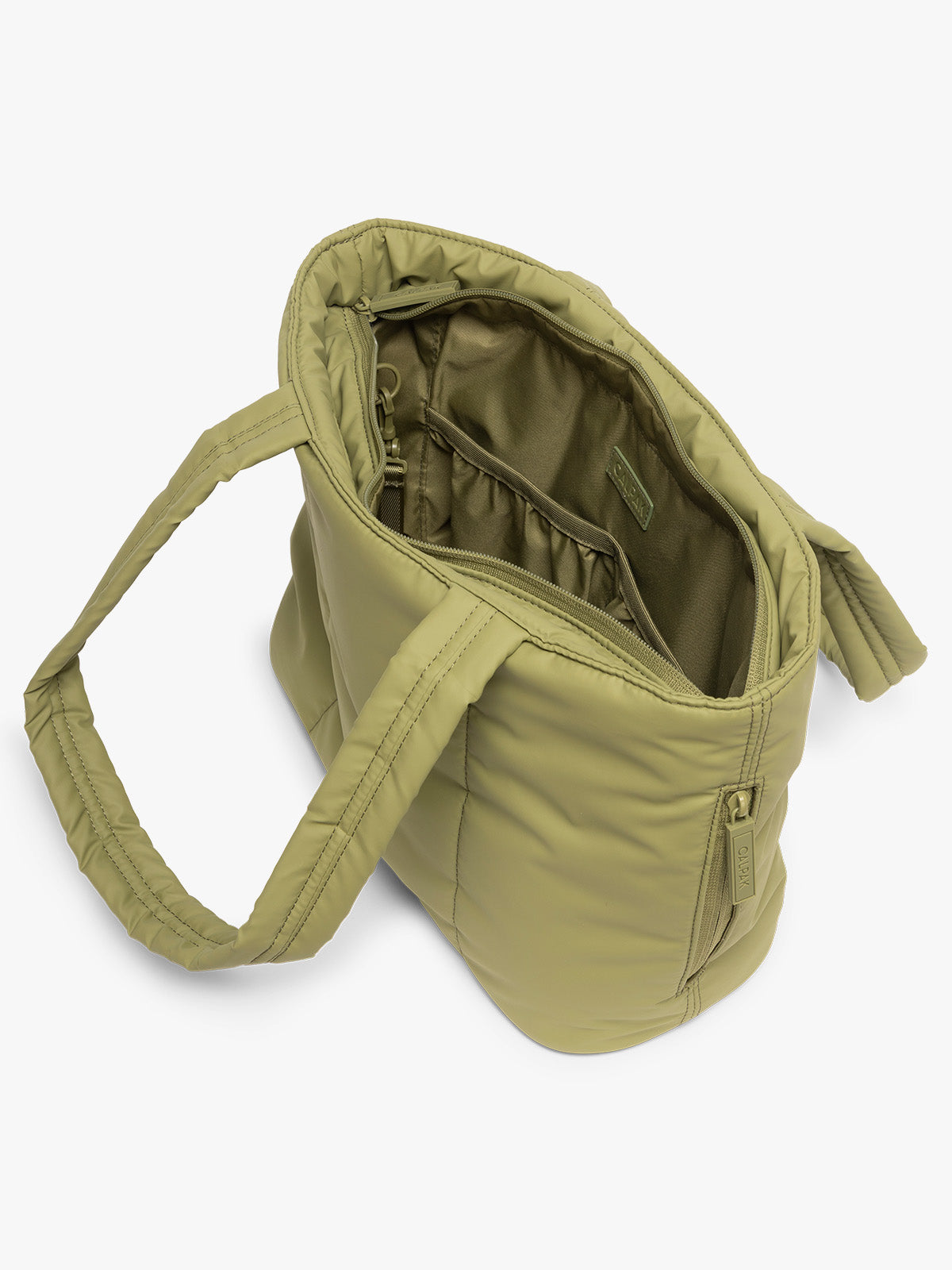 Opened view of CALPAK Luka Mini Tote in green Pistachio on a white background; ALM2401-PISTACHIO