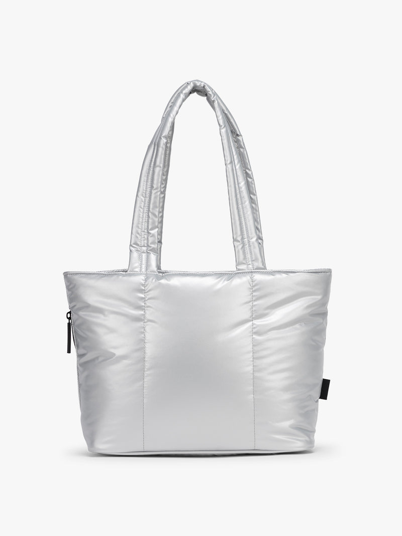 CALPAK Luka Mini Tote in shiny Silver on a white background