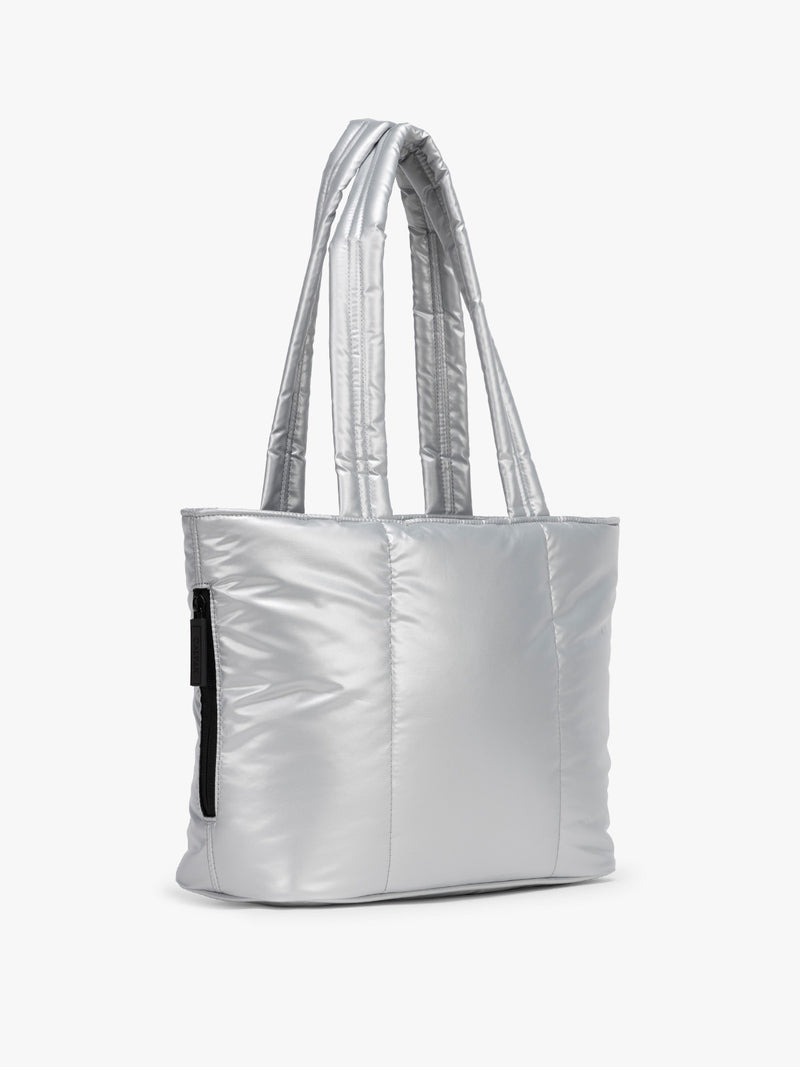 Side view of CALPAK Luka Mini Tote in shiny Silver on a white background