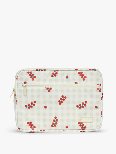 CALPAK 13-14 Padded Laptop Sleeve in white and green gingham pattern with tomato print; ALP2213-CELADON-TOMATO-PICNIC view 1