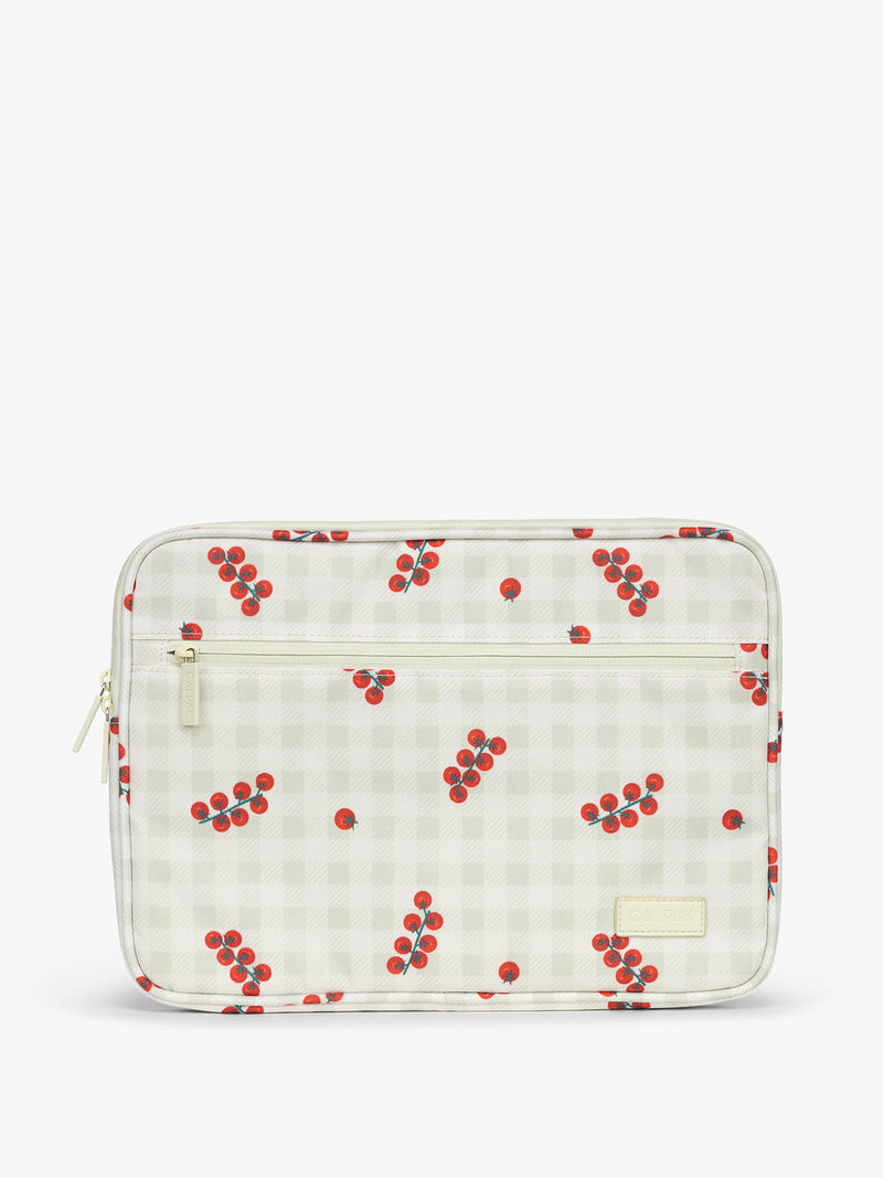CALPAK 13"-14" Padded Laptop Sleeve in white and green gingham pattern with tomato print