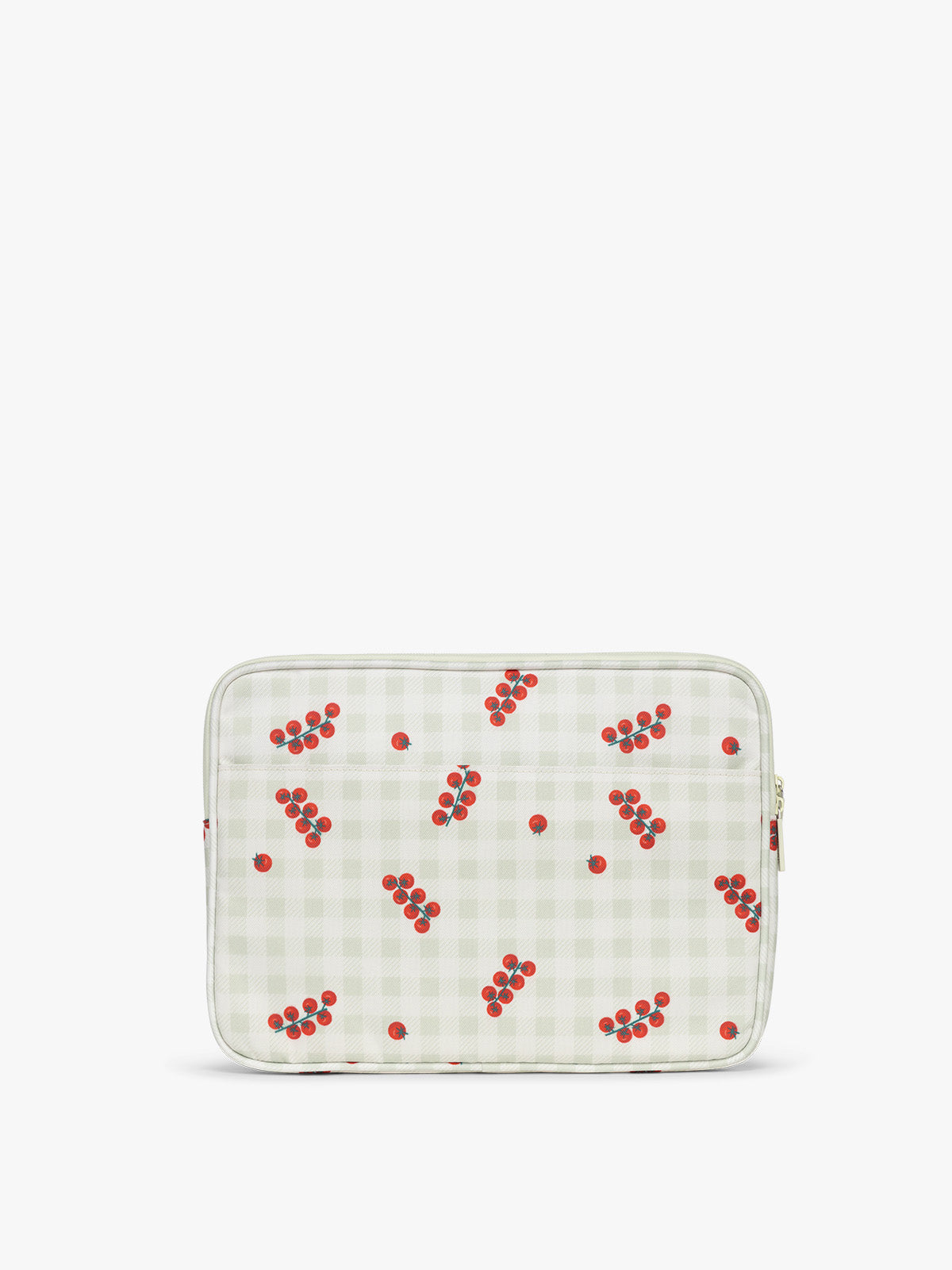 Backside of CALPAK 13"-14" Padded Laptop Sleeve in white and green gingham pattern with tomato print; ALP2213-CELADON-TOMATO-PICNIC