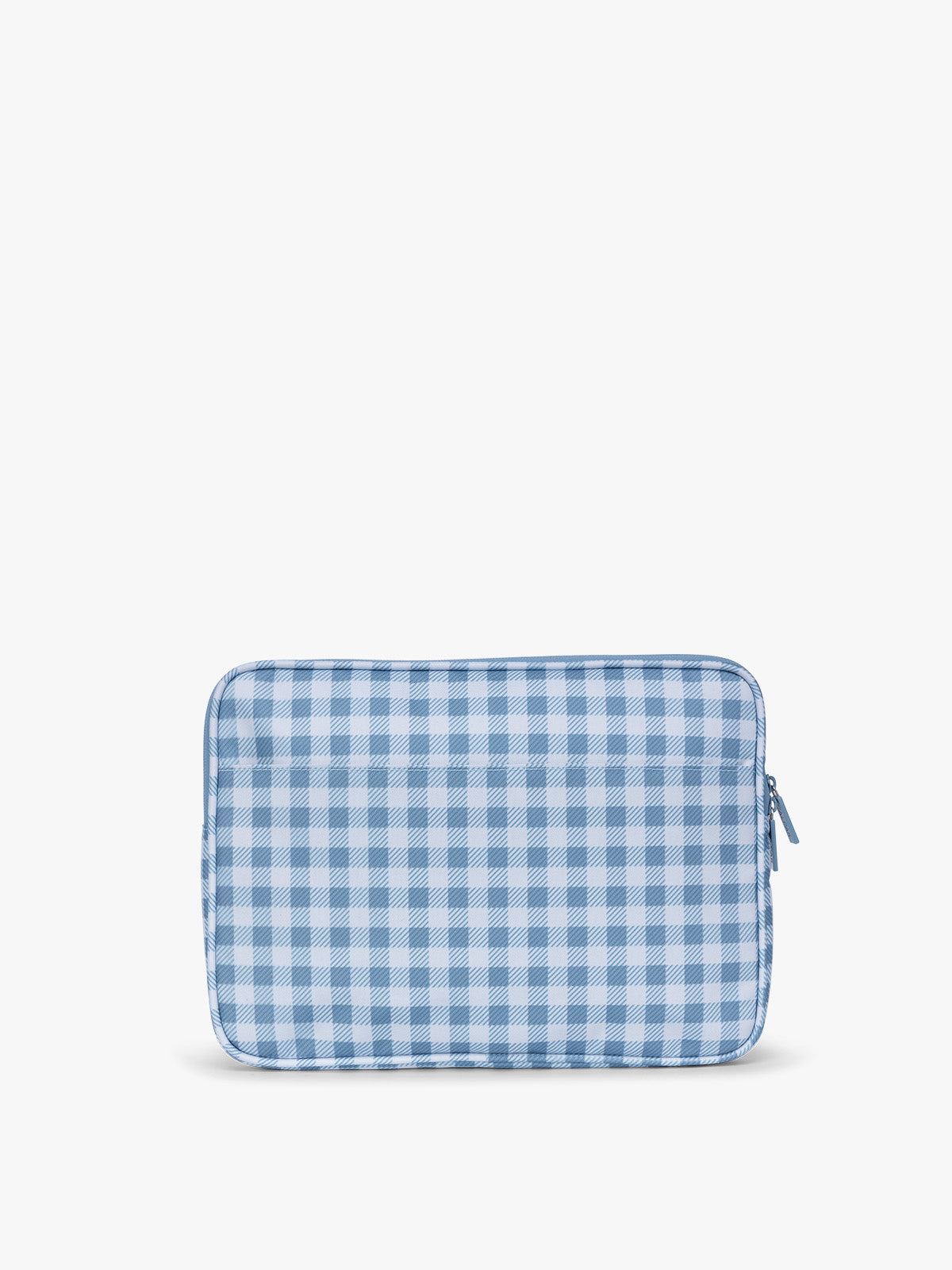 Backside of CALPAK Padded Laptop Sleeve 13" in white and blue gingham print in French Blue Gingham; ALP2213-FRENCH-BLUE-GINGHAM