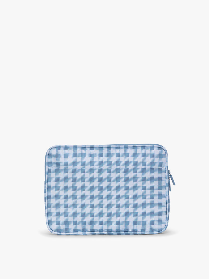 Backside of CALPAK Padded Laptop Sleeve 13" in white and blue gingham print in French Blue Gingham