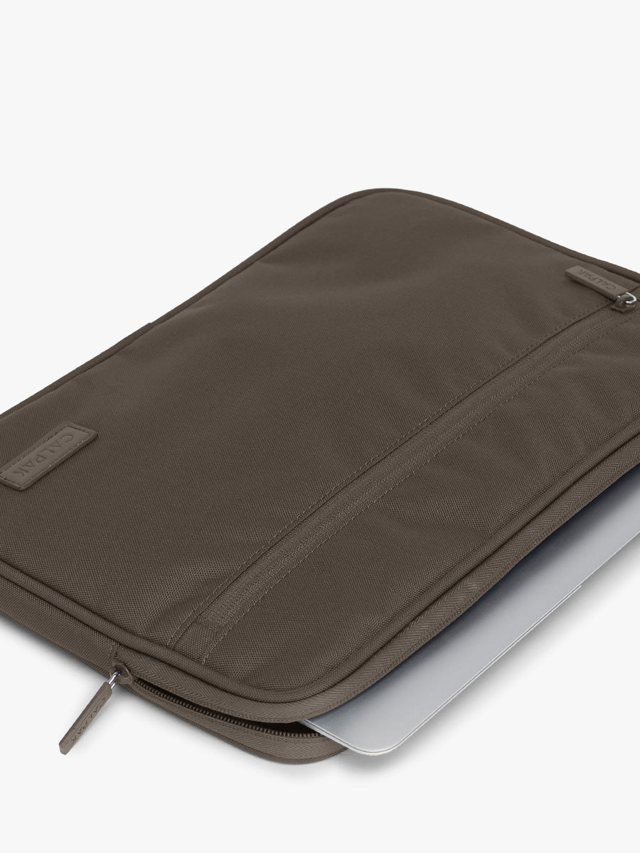 Laptop in the CALPAK Padded Laptop Sleeve 13-14" in brown Mushroom; ALP2213-MUSHROOM