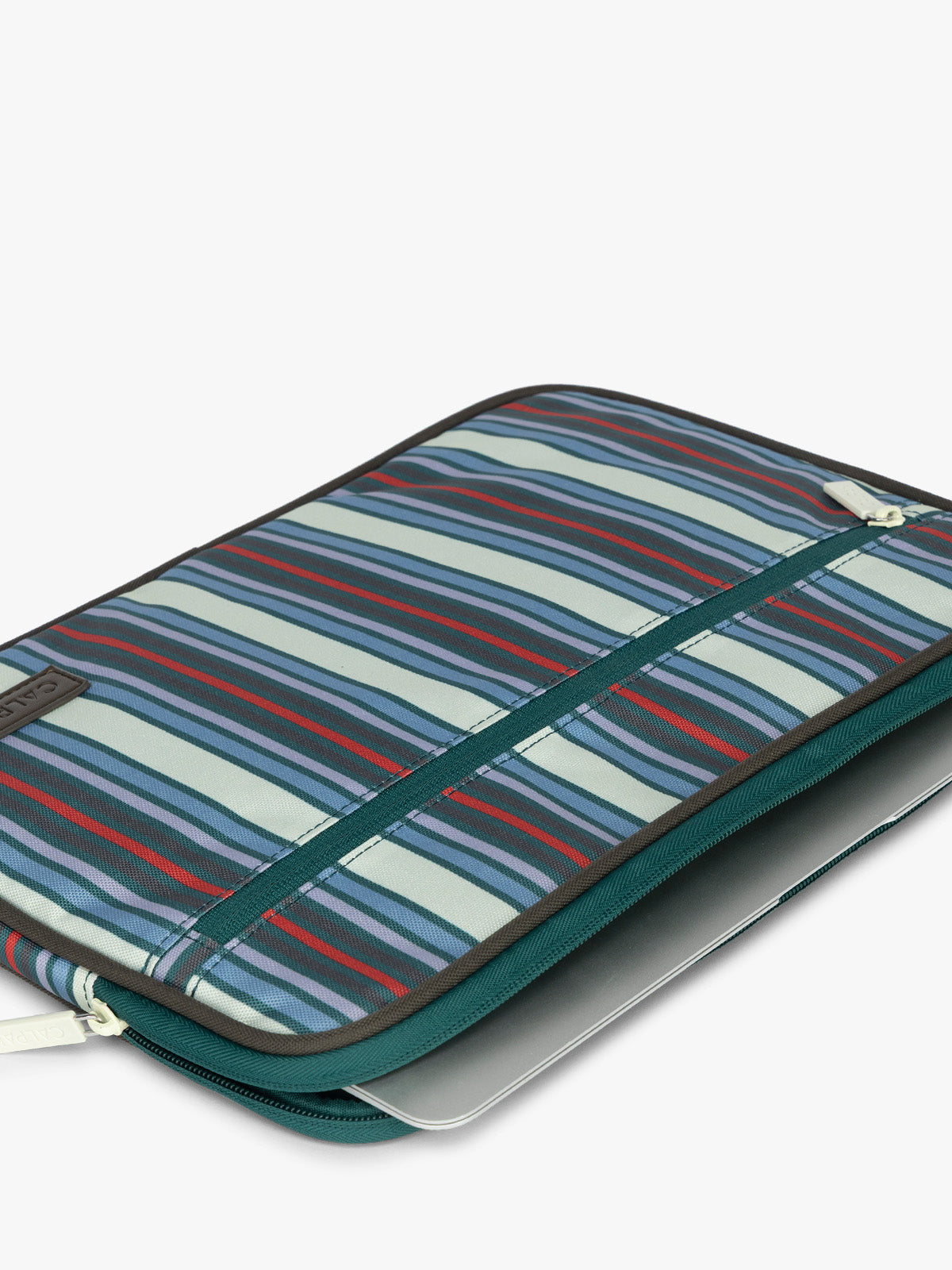 Laptop in the CALPAK 13"-14" Padded Laptop Sleeve in multicolor stripes; ALP2213-RIVIERA-STRIPE