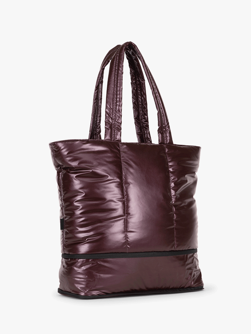 Gif of CALPAK Luka Expandable Tote in maroon Dark Cherry
