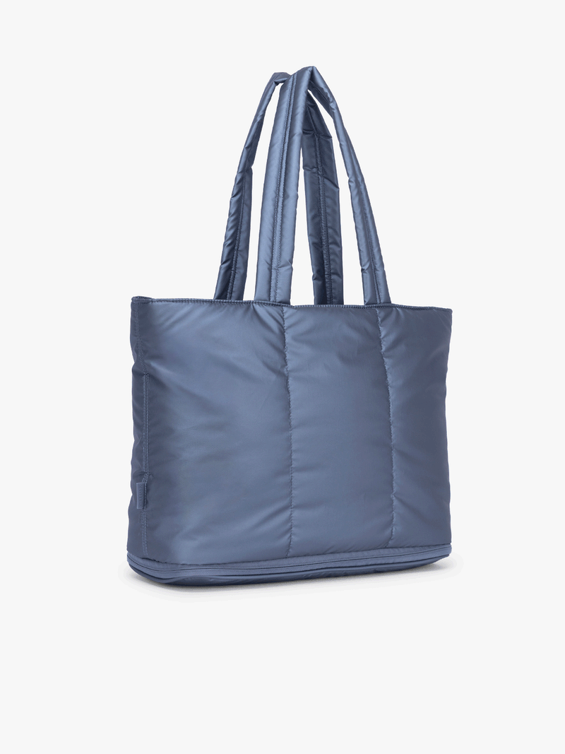 Gif of expandable feature of the CALPAK Luka Expandable Tote in dark blue metallic material in Metallic Indigo