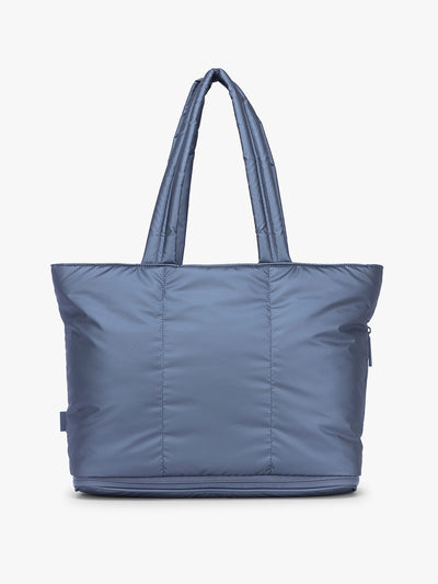 CALPAK Luka Expandable Tote in dark blue metallic material in Metallic Indigo; ALT2201-METALLIC-INDIGO view 1