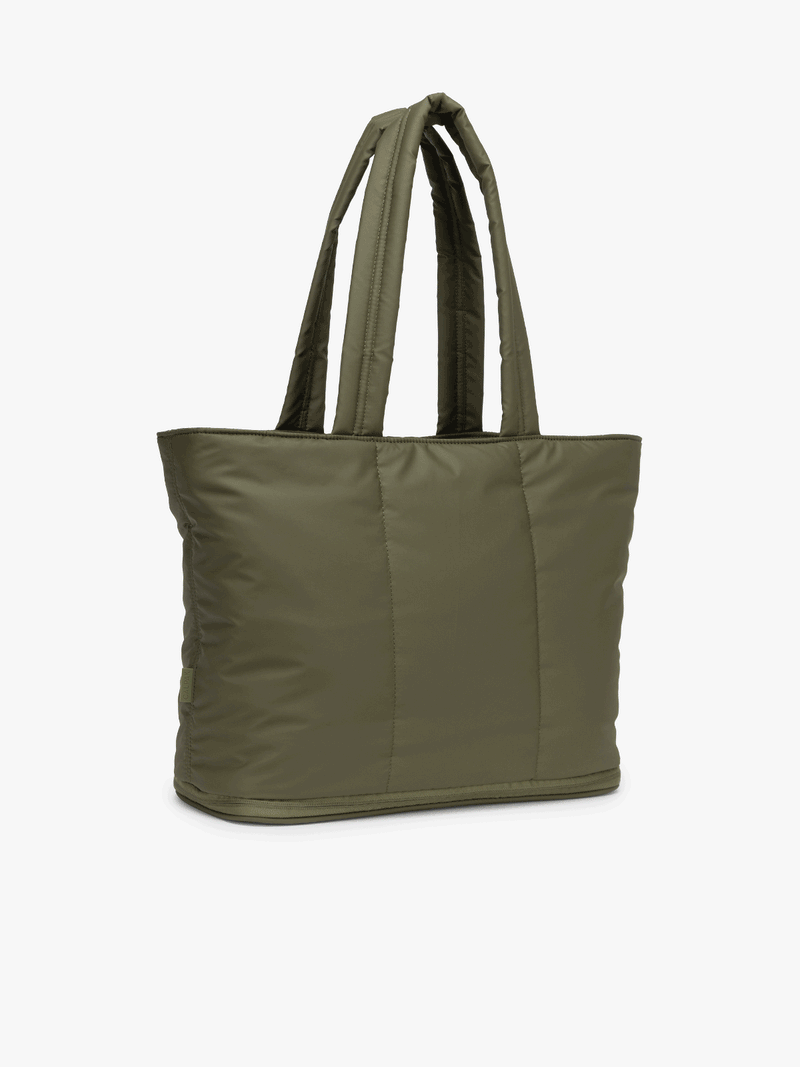 CALPAK Luka Expandable Tote bag in dark green showing expandable zipper feature