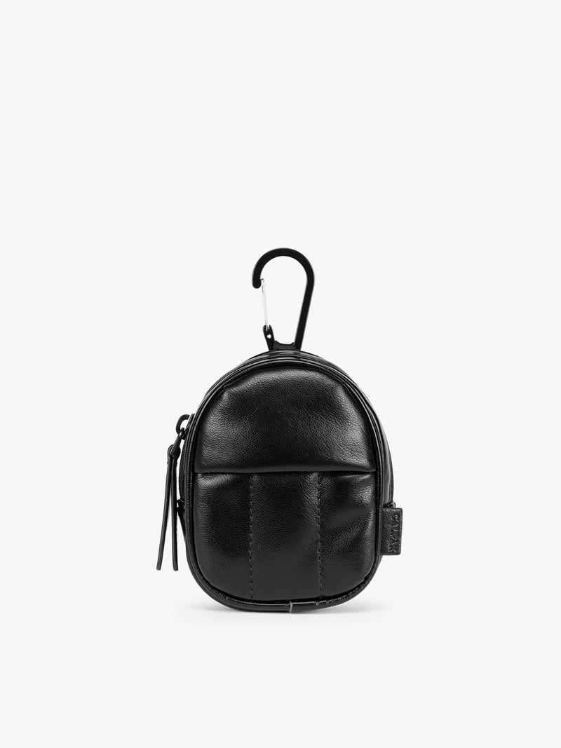 A small Black CALPAK Luka Backpack Zip Bag Charm leather backpack keychain with a top carabiner and zipper pull, shown on a plain white background