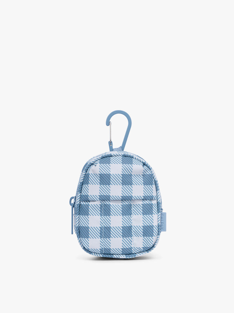 CALPAK Luka Backpack Zip Bag Charm in white and blue gingham print