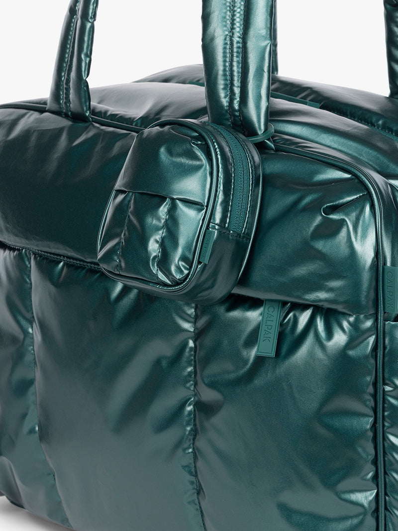 CALPAK Luka Backpack Zip Bag Charm in dark green KALE hanging on a bag
