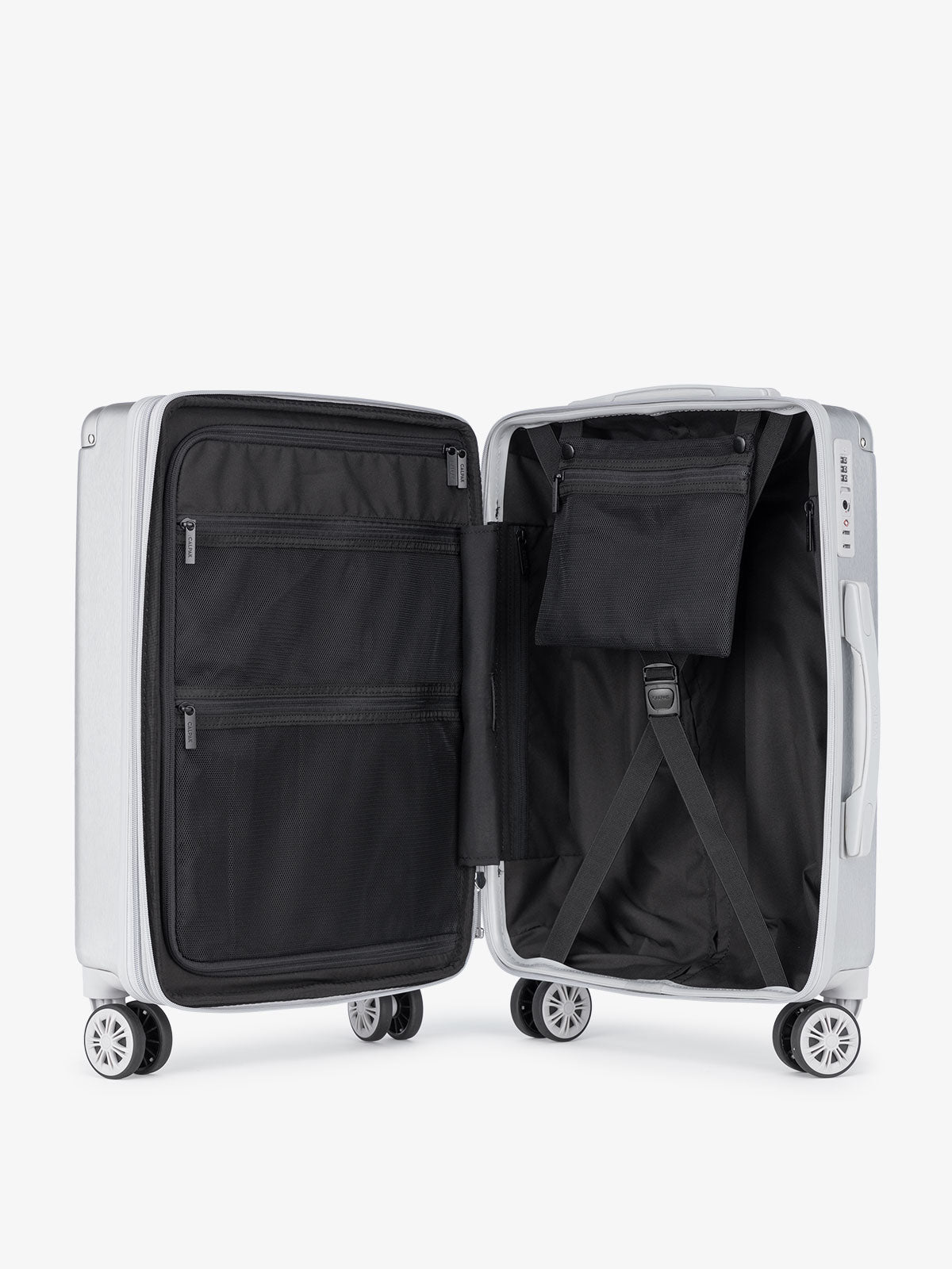CALPAK Ambeur: hard sided luggage 2 piece set with compartments and compression straps; LAM2000-SILVER