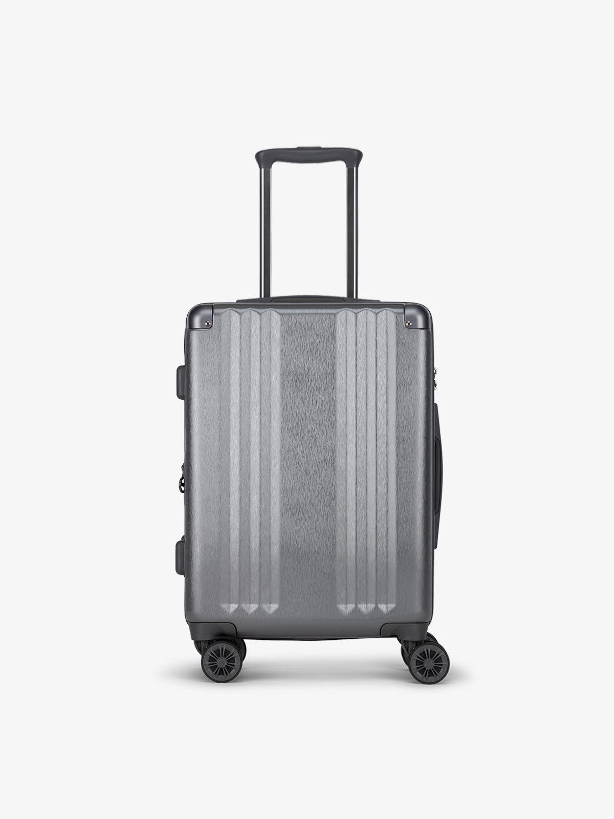 Metallic gray CALPAK Ambeur hard shell rolling carry-on suitcase as part of the luggage set; LAM3000-GUNMETAL
